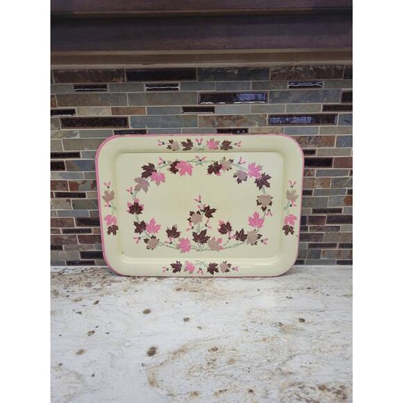 Cottagecore Serving Tray, Vintage Autumn Decor, Pink Lap TV, Fall Maple Leaves - Picture 1 of 7